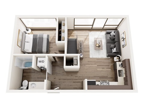 a stylized floor plan with a bedroom and a bathroom